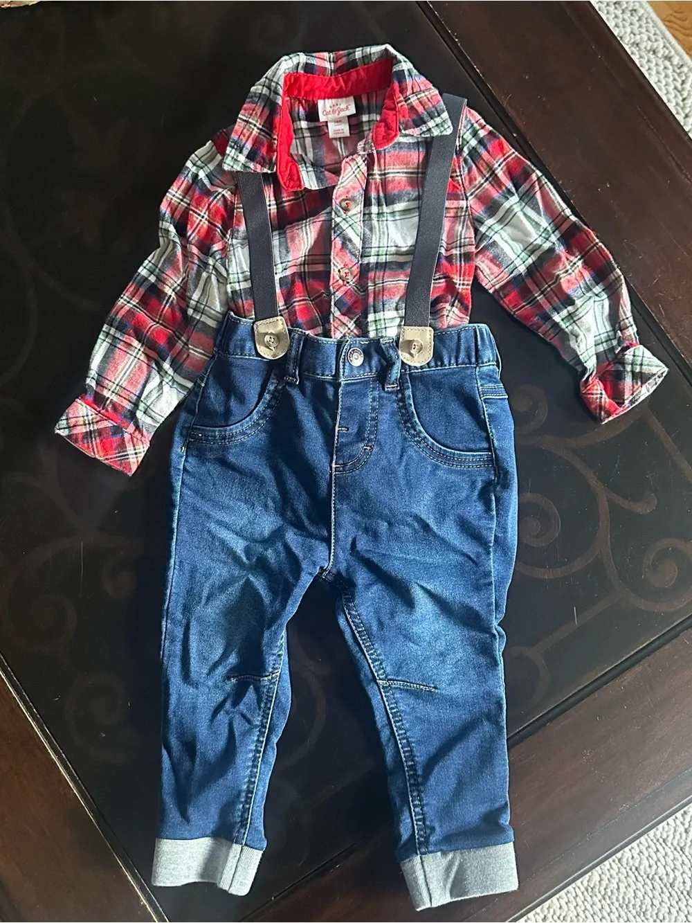 Cat and Jack Baby Red Plaid Shirt & Blue Denim Suspender Pants Set, 18 Months